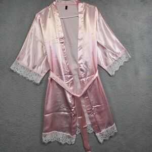 Avidlove Robe Womens S Pink Belted Satin Floral Lace Lightweight Lingerie Lounge